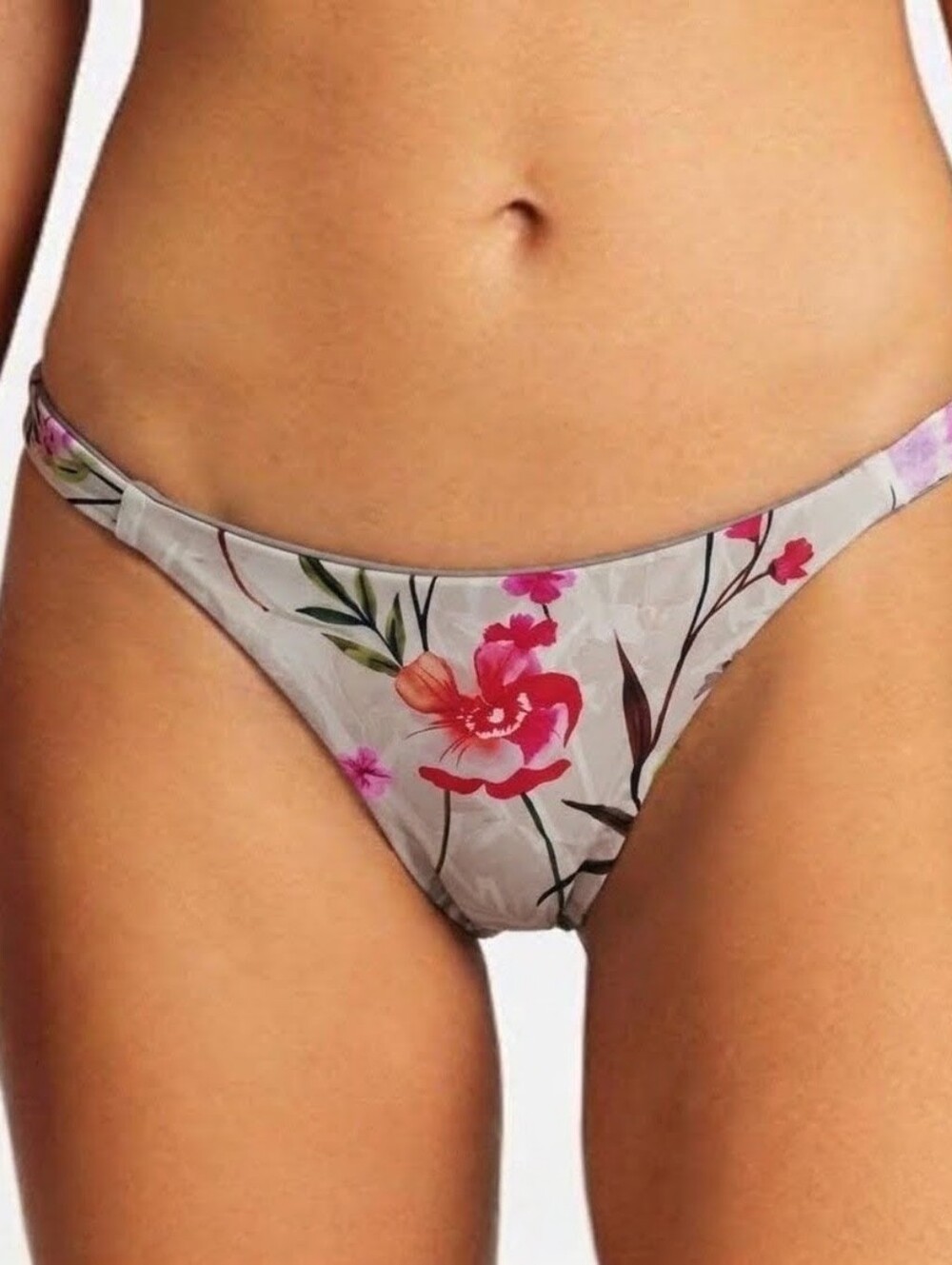 Vitamin A Floral Print Bikini Bottom in Gray with Pink & Red Flowers